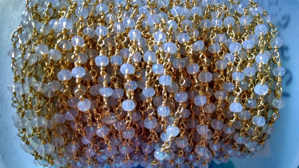 White Opal Rosary Chain, 4 mm Black Wire Wrapped CH #315, Beaded Chain Opalite