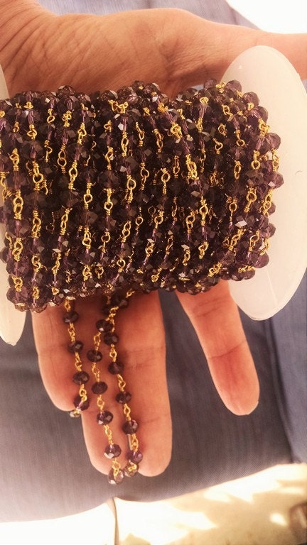Gold Amethyst Rosary Chain, 6 mm Beaded Chains CH #307, Gold Wire Wrapped Rosary Chain, By The Foot