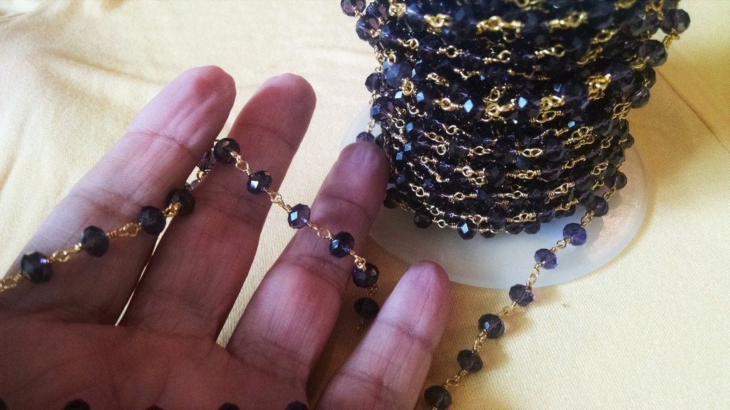 Gold Amethyst Rosary Chain, 6 mm Beaded Chains CH #307, Gold Wire Wrapped Rosary Chain, By The Foot
