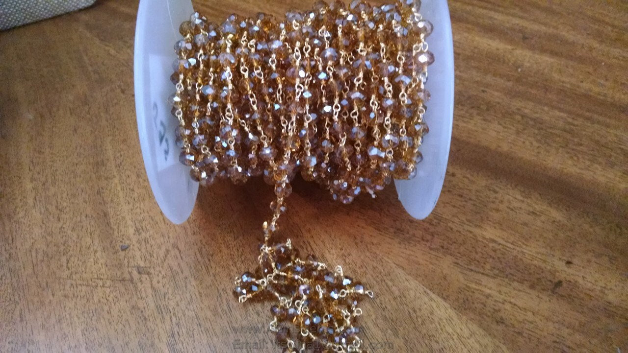 Champagne Crystal Beaded Rosary Chain, 6 mm Gold Wire Wrapped Chains CH #359, By the Foot