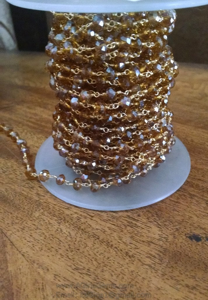 Champagne Crystal Beaded Rosary Chain, 6 mm Gold Wire Wrapped Chains CH #359, By the Foot