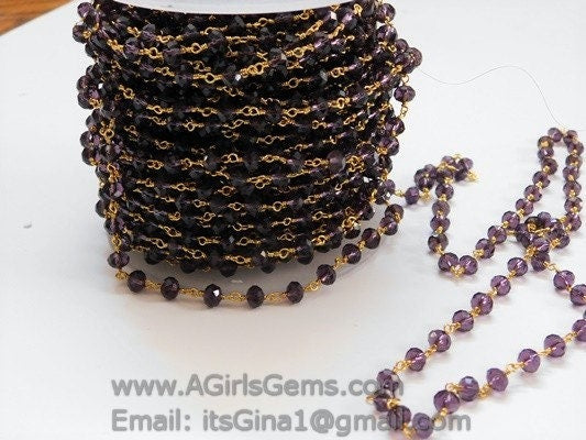 Gold Amethyst Rosary Chain, 6 mm Beaded Chains CH #307, Gold Wire Wrapped Rosary Chain, By The Foot