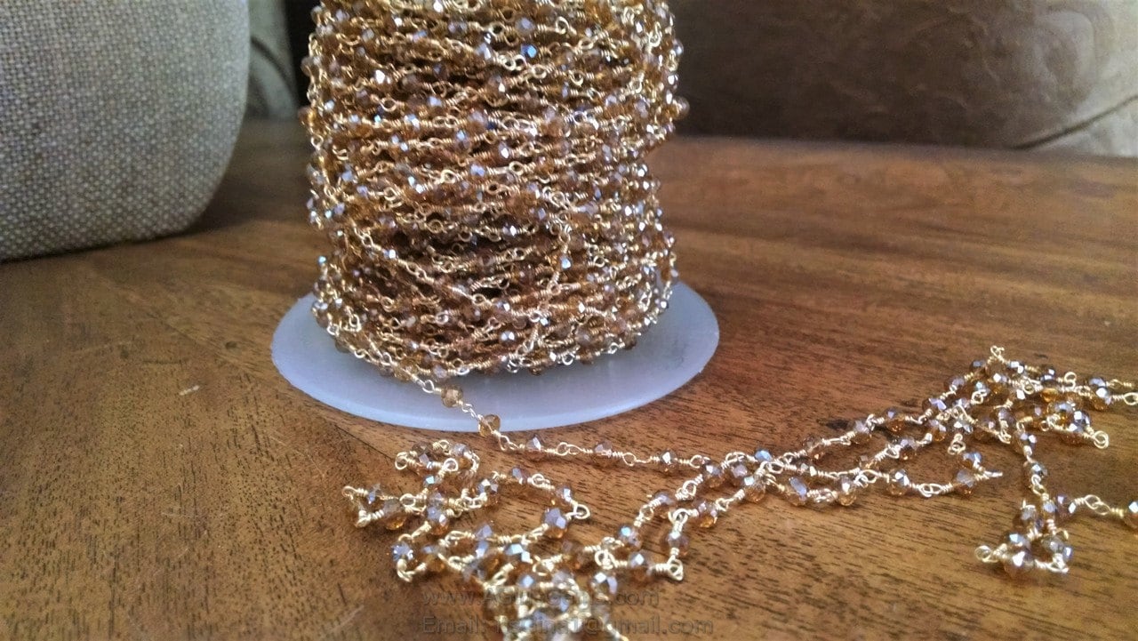 Champagne Crystal Beaded Rosary Chain, 6 mm Gold Wire Wrapped Chains, By the Foot