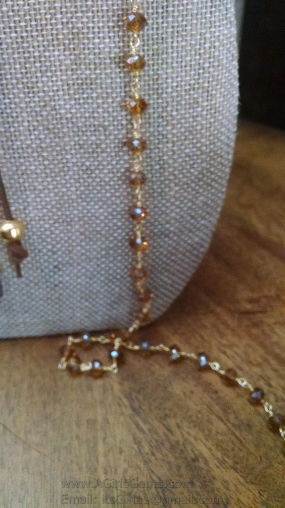 Champagne Crystal Beaded Rosary Chain, 6 mm Gold Wire Wrapped Chains CH #359, By the Foot