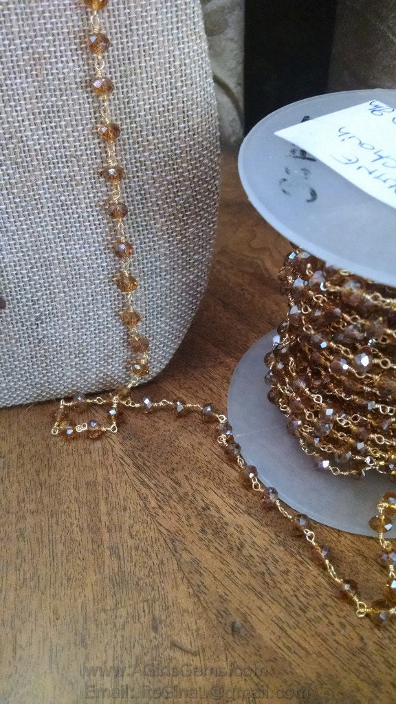 Champagne Crystal Beaded Rosary Chain, 6 mm Gold Wire Wrapped Chains CH #359, By the Foot