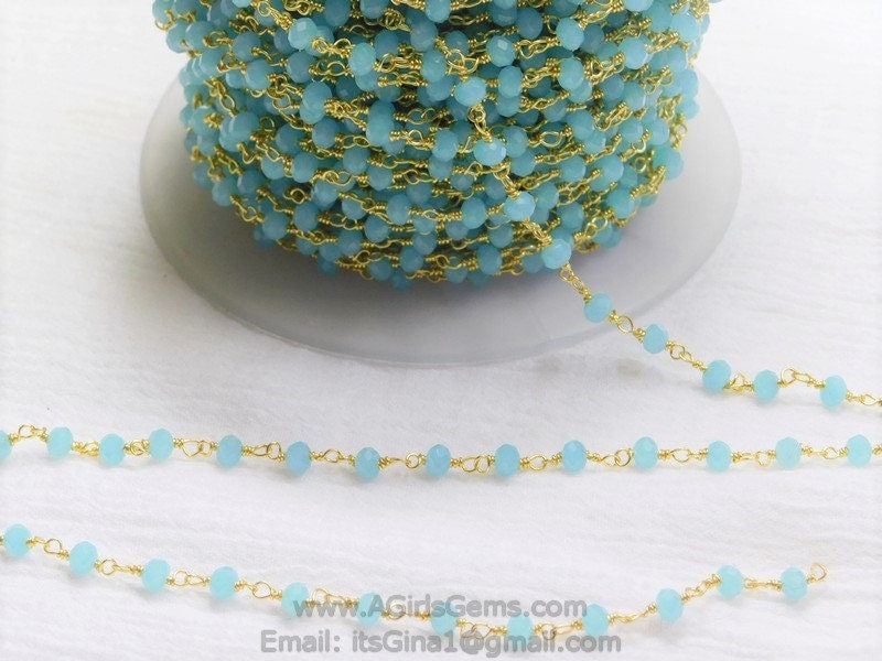 Aqua Blue Chalcedony Rosary Chain, 4 mm Gold Chains for Jewelry CH #309, Beaded Rosary
