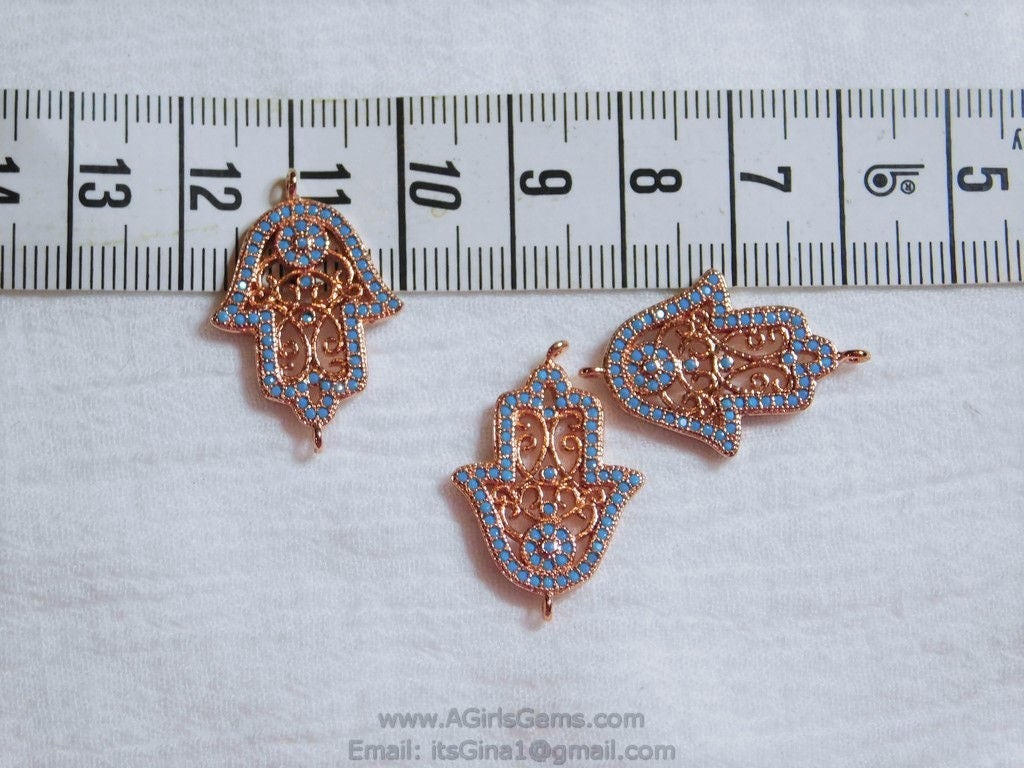 Blue Turquoise Rose Gold Plated Hasma Hand Sideways Connector Bead Protection Hasma Link Connector Pendant for Bracelet Necklace AGGSM66