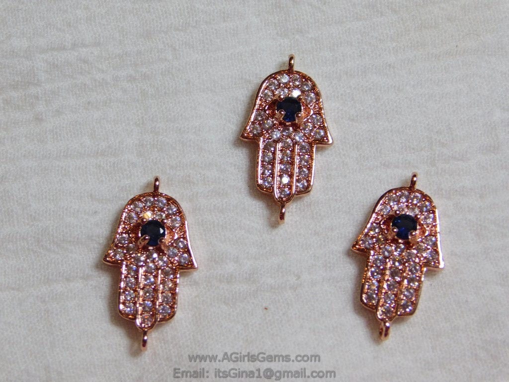 Turquoise Hamsa Hand Charm - Hamsa Hand Connector Bead, CZ Micro Pave Rose Gold Plated with Sapphire CZ, Protection Jewelry Making