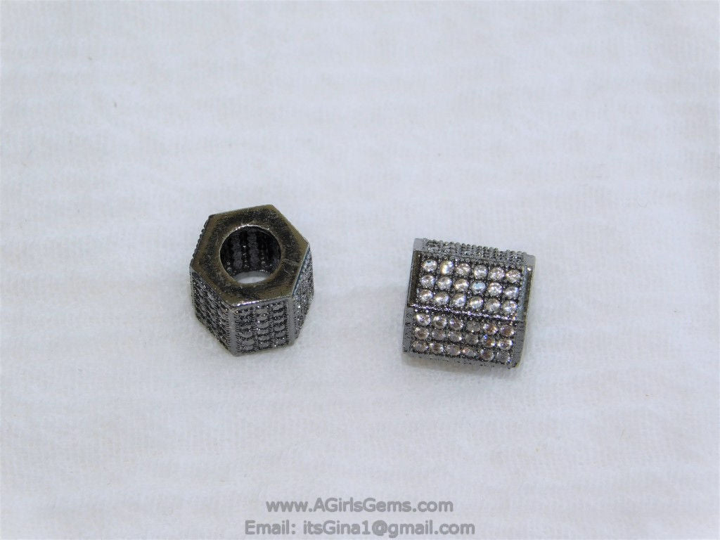 Hexagon Tube Beads, 9 x 9 mm CZ Micro Pave Gunmetal Black Rhodium Plated,Large Hole Beads, Men's Beads Jewelry Findings