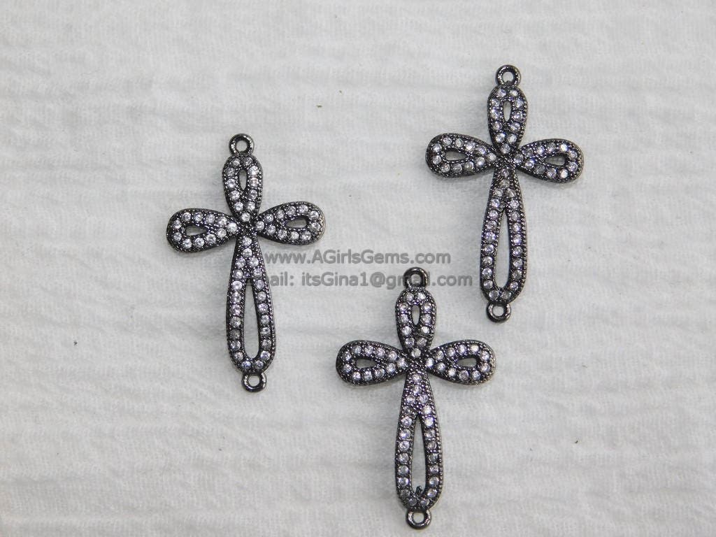 CZ Micro Pave Cross Connector, Black Cross Bracelet Charms #75, Celtic Cross in Black Cubic Zirconia Links Jewelry Making DIY Supplies