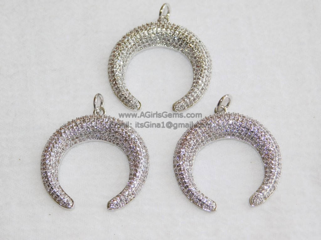 Crescent Moon Charms, #2067, CZ Micro Pave Double Horn Moon Pendant