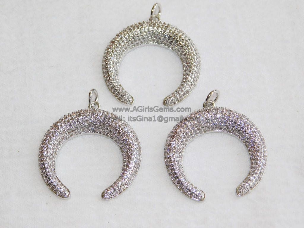 Crescent Moon Charms, #2067, CZ Micro Pave Double Horn Moon Pendant