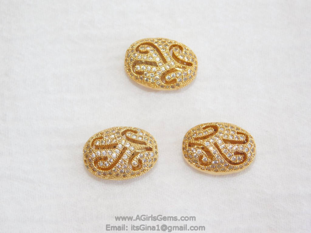 Oval Egg Carved Vintage Flat Bead, Micro Pave Rose Gold Plated Oval, 11 x 15 and 9 x 11 mm Focal Beads