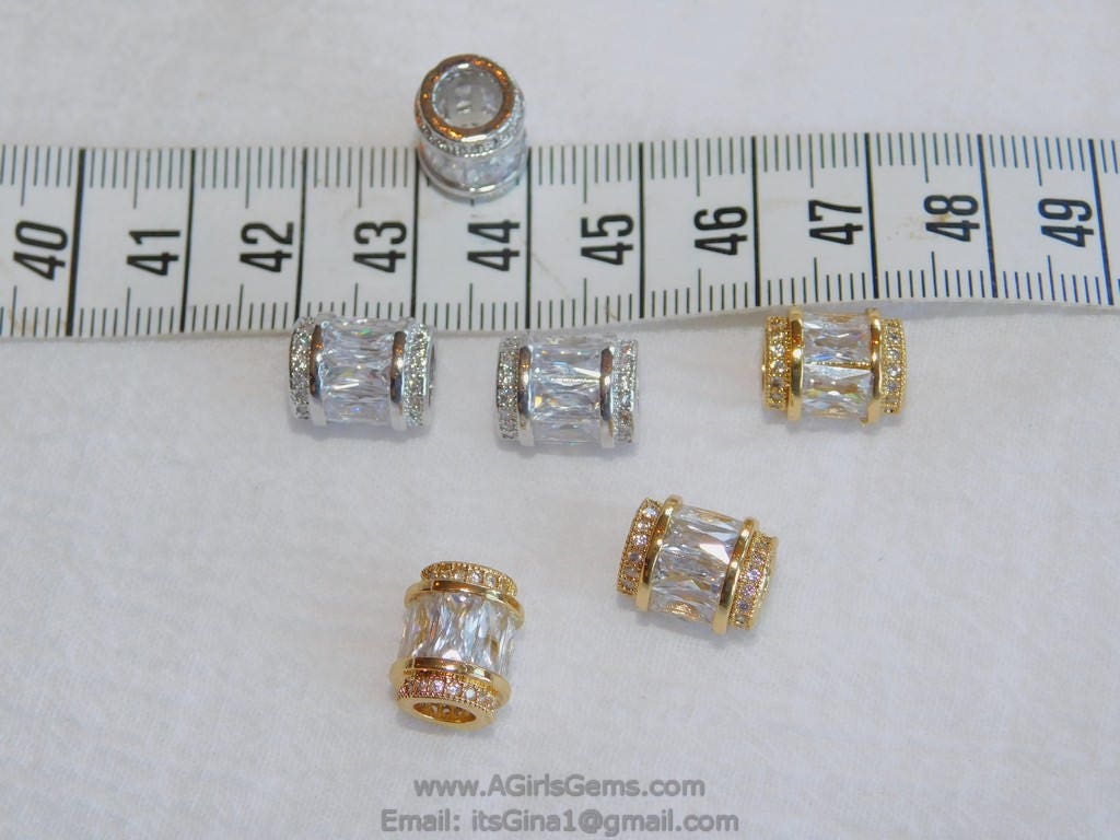 Gold Tube Beads, CZ Micro Pave Large Hole Beads, 10 x 12 mm 18 K Gold Plated