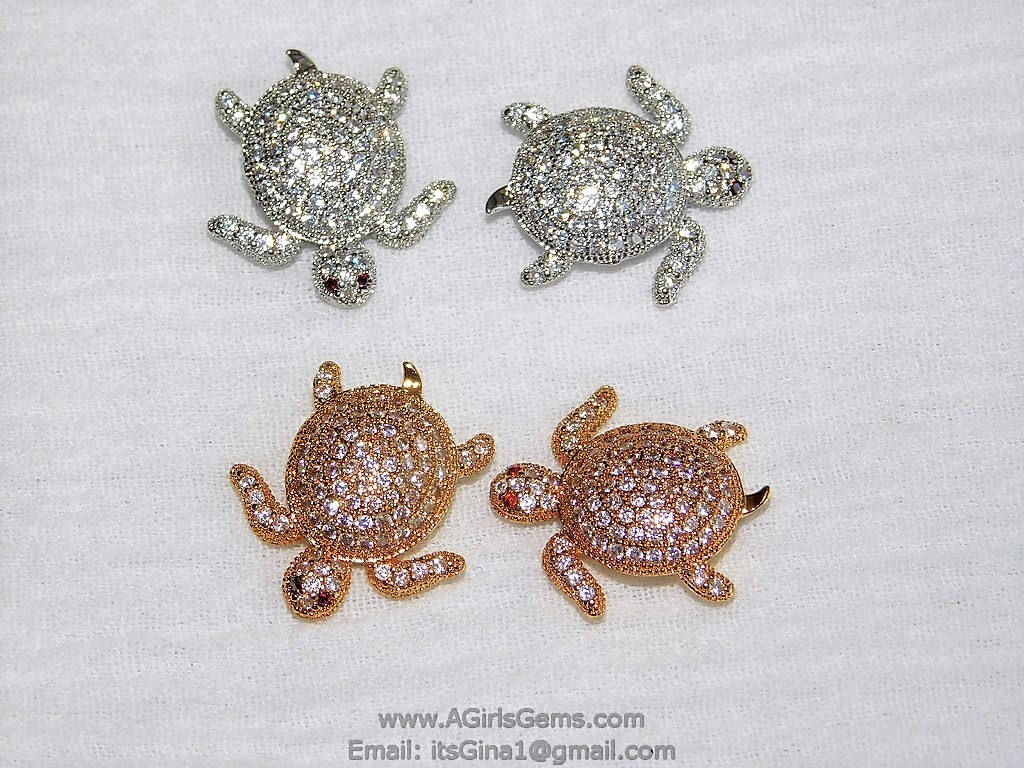 CZ Pave Turtle Tortoise Focal Bead, Silver Gold Animal Focal Beads #123, Black Rose Sea Turtle
