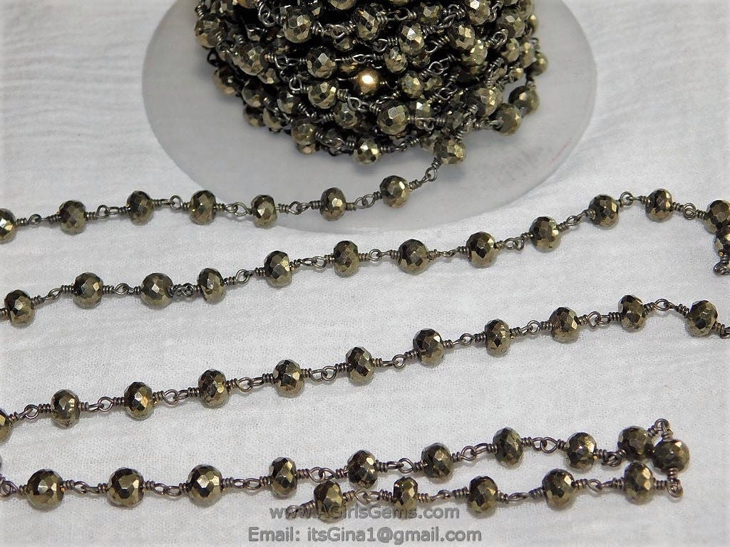 6 mm Faceted Pyrite Gunmetal Rosary Chain Gunmetal Black Chains CH #504 Genuine Natural Pyrite Bead Oxidized Chain 1 3 5 10 feet Roll