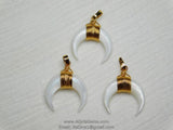 Small Double Horn Pendant, White Mini Natural Shell Crescent Moon Charms, 20 mm Gold Wire Horn Boho Pendant DIY Jewelry B36