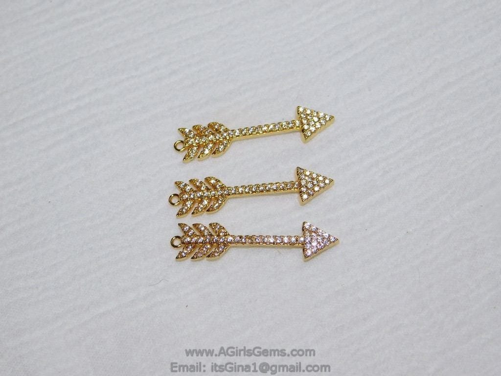 CZ Micro Pave Arrow Charm, Gold Plated Cubic Zirconia Single Loop Arrowhead Pendant #109, Bracelet Necklace Boho Style DIY Supplies
