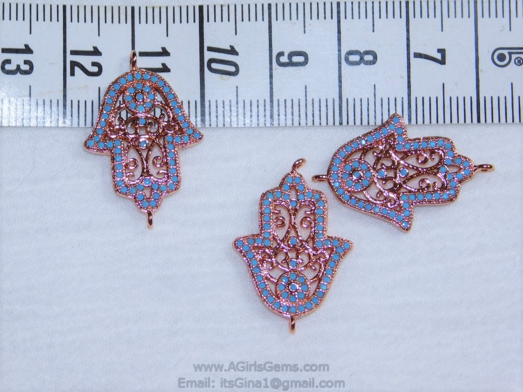 Blue Turquoise Rose Gold Plated Hasma Hand Sideways Connector Bead Protection Hasma Link Connector Pendant for Bracelet Necklace AGGSM66