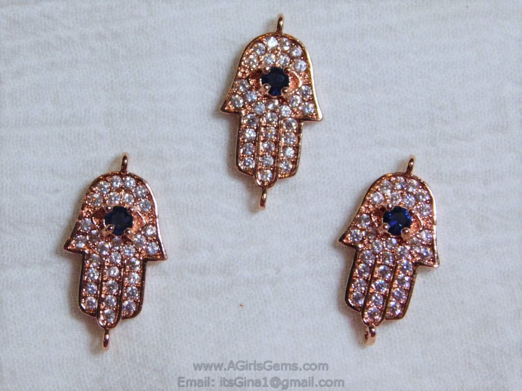 Turquoise Hamsa Hand Charm - Hamsa Hand Connector Bead, CZ Micro Pave Rose Gold Plated with Sapphire CZ, Protection Jewelry Making
