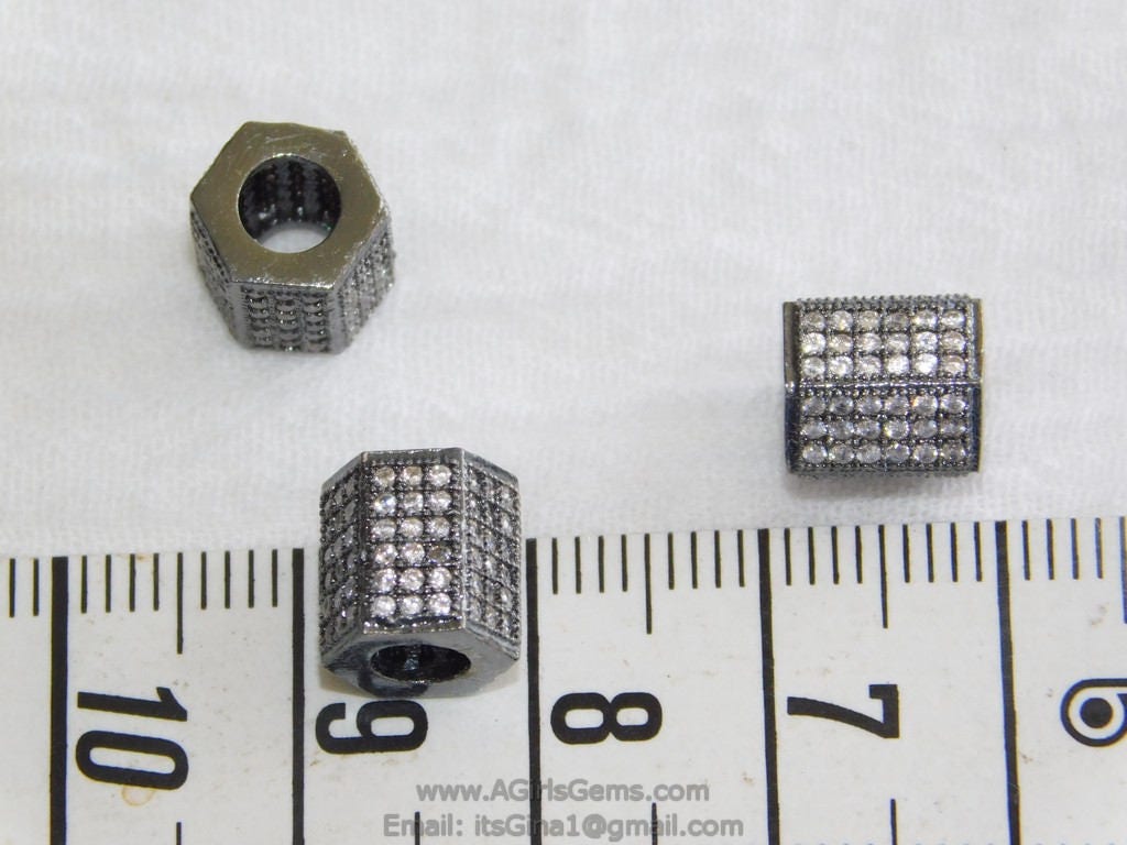 Hexagon Tube Beads, 9 x 9 mm CZ Micro Pave Gunmetal Black Rhodium Plated,Large Hole Beads, Men's Beads Jewelry Findings