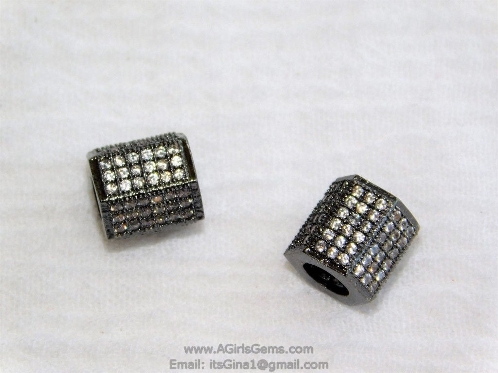 Hexagon Tube Beads, 9 x 9 mm CZ Micro Pave Gunmetal Black Rhodium Plated,Large Hole Beads, Men's Beads Jewelry Findings