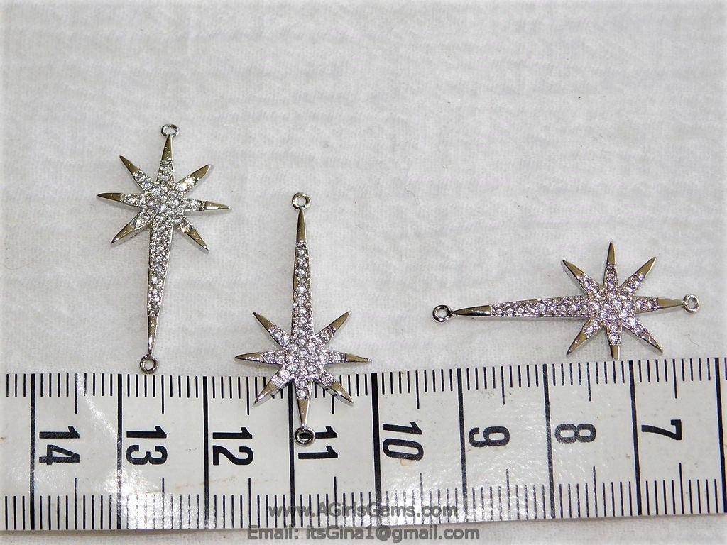 CZ Micro Pave Starburst Connector, Silver North Star Connector Bead #116, Cubic Zirconia Star Links