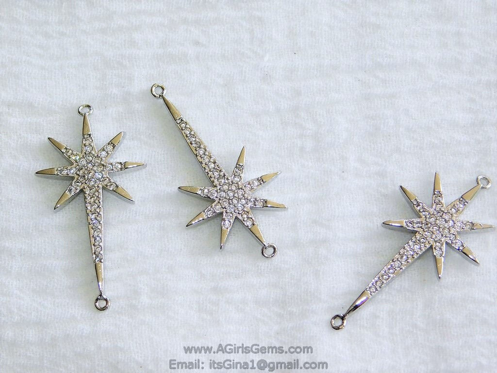 CZ Micro Pave Starburst Connector, Silver North Star Connector Bead #116, Cubic Zirconia Star Links
