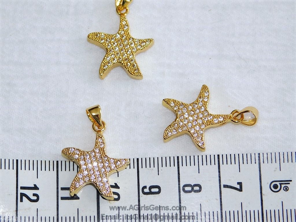 Star Charm Pendant, CZ Pave North Star Pendant #2, Gold Plated Bead Cubic Zirconia Star Charm for Bracelet Necklace