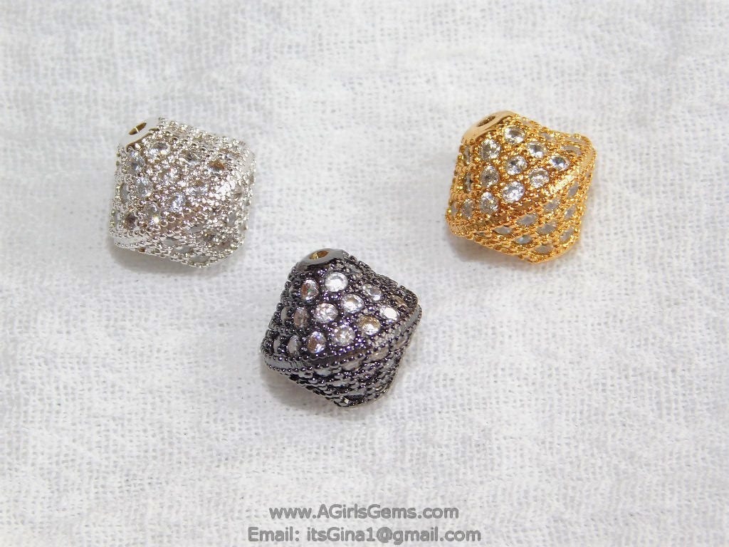 CZ Micro Pave Oval Bicone Beads, 10 mm Cubic Zirconia Spacers Beads #65, Gold Silver Black Rose Diamond Shape Beads
