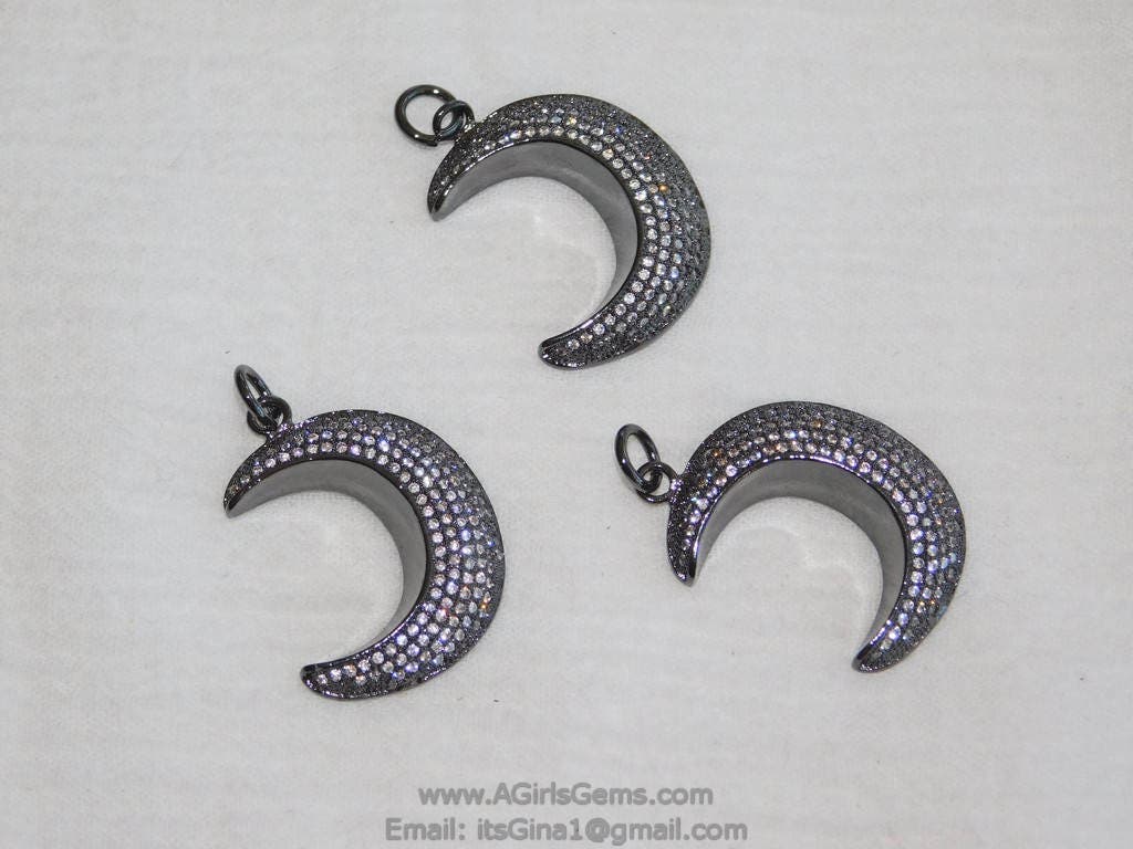 CZ Micro Pave Moon Charm, Gold or Black Rhodium Plated, Clear Cubic Zirconia Crescent Moon Pendants