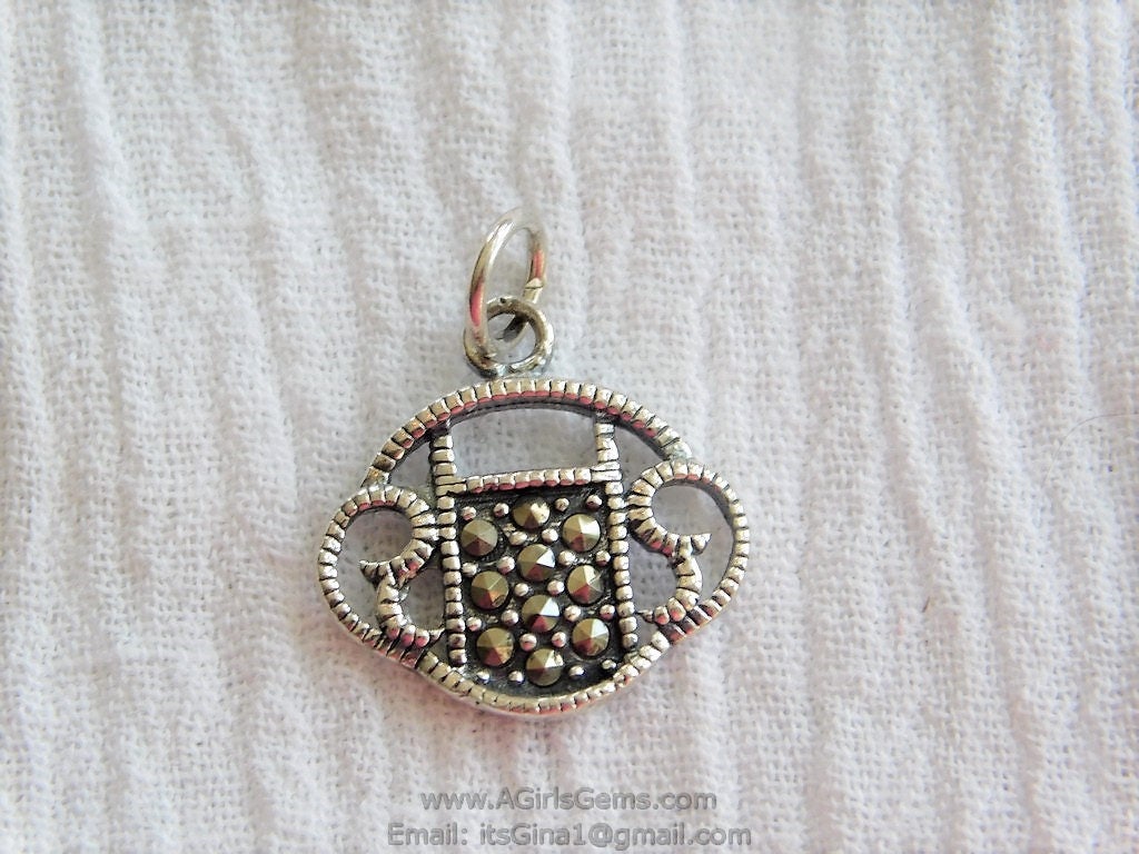 Pave Filigree Purse Longevity Lock Shield 925 Sterling Silver Marcasite Pendant Charm Dangle Sterling Silver Micro Pave Charm Bracelet