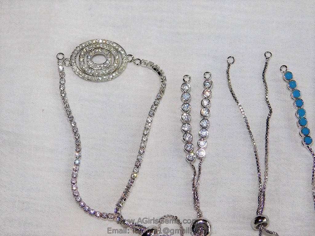 Half Finished Adjustable Bracelets Silver Plated Adjustable Unfinished Chain Bracelets CZ Turquoise Blue Bracelets Slide Stopper Bead