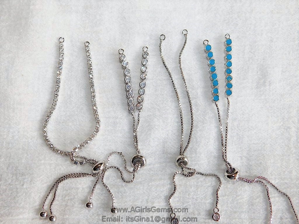 Half Finished Adjustable Bracelets Silver Plated Adjustable Unfinished Chain Bracelets CZ Turquoise Blue Bracelets Slide Stopper Bead