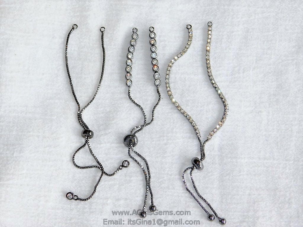 Half Finished CZ Adjustable Bracelets Gunmetal Black Plate Cubic Zirconia Unfinished Chain Bracelets CZ Bracelet Slide Stopper Bead