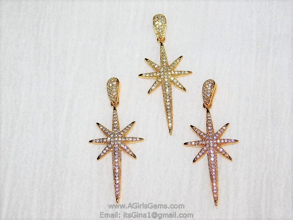 CZ Pave Silver Star Charm, Gold Starburst Cubic Zirconia Pendant #50, Rose Gold North Star for Necklace Jewelry Supplies