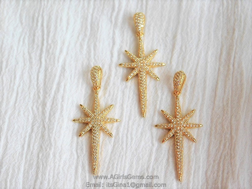 CZ Pave Silver Star Charm, Gold Starburst Cubic Zirconia Pendant #50, Rose Gold North Star for Necklace Jewelry Supplies