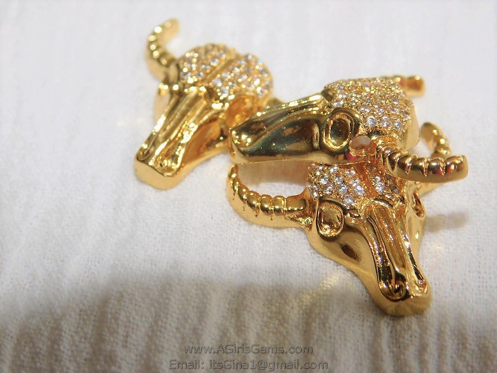 Cow Skull Charm Beads, CZ Micro Pave Beads #44, Animal Beads in Gold Plated Cubic Zironia Bull Skull Boho Style Jewelry