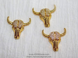 Cow Skull Charm Beads, CZ Micro Pave Beads #44, Animal Beads in Gold Plated Cubic Zironia Bull Skull Boho Style Jewelry