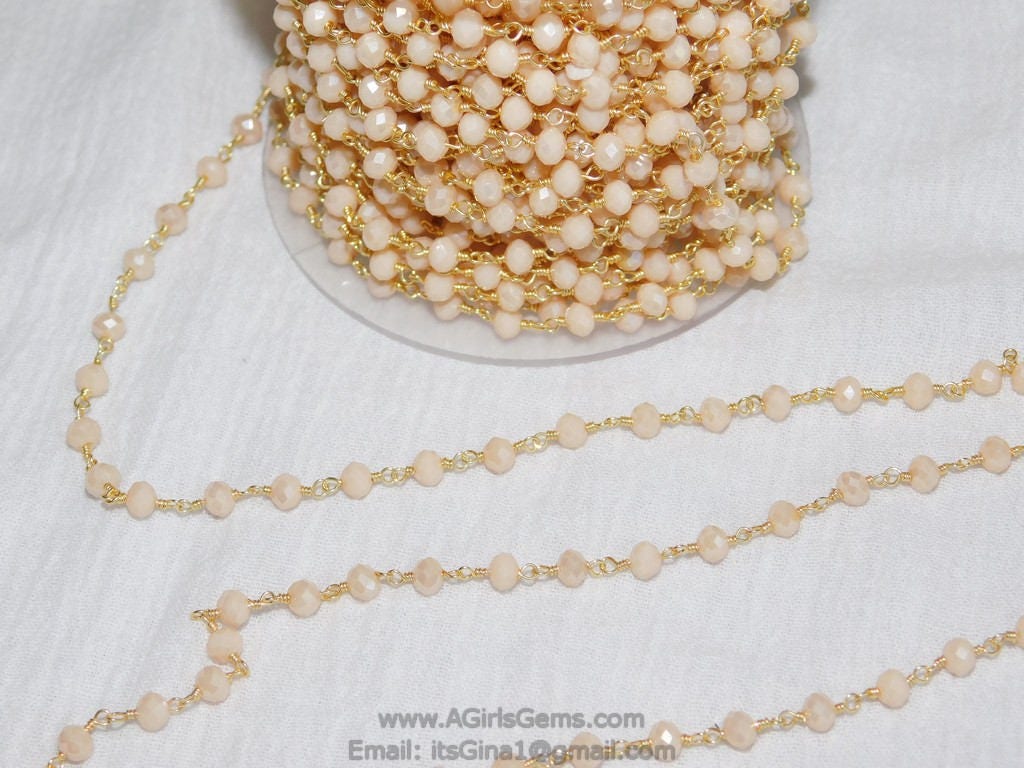 Light Cream Ivory Rosary Chain, 4 mm Gold Wire Wrapped Chains CH #302, Beaded Chain