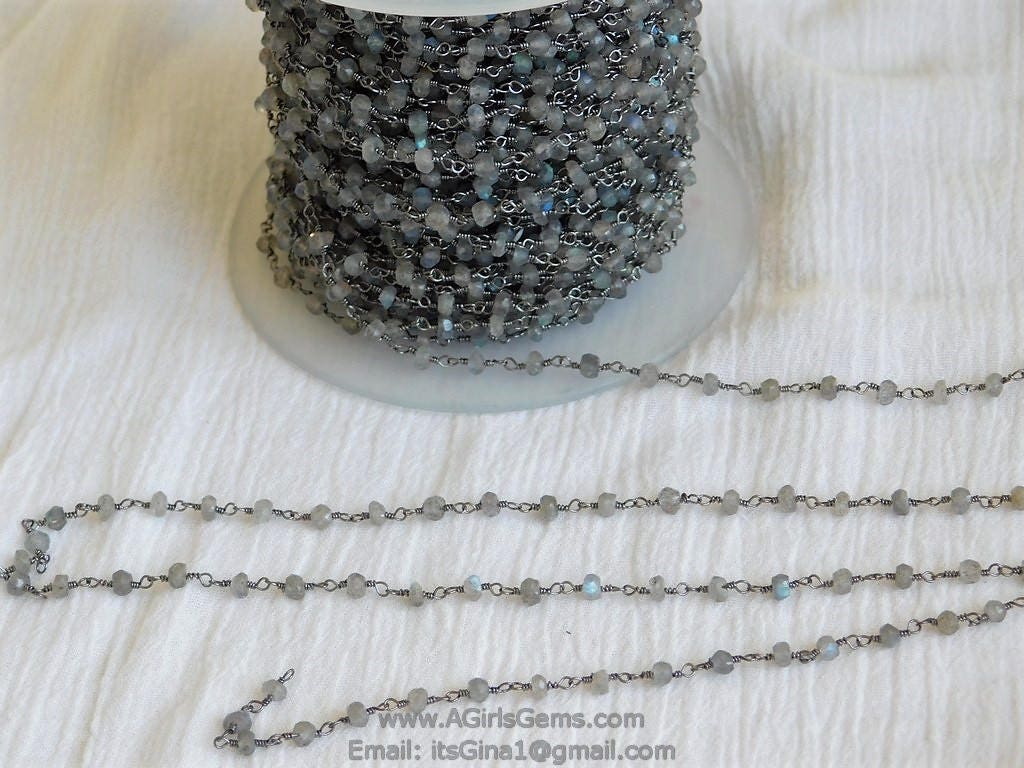4 mm Natural Labradorite Rosary Chain, Gunmetal Black Wire Wrapped CH #338, Beaded Genuine Labradorite Beads