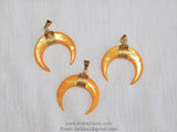 Double Horn Pendant, Crescent Moon Charms, Yellow Shell Medium Pendant/40 mm Gold Wire - Boho Tribal Pendant DIY Jewelry Supplies