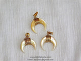 Crescent Moon Charms, Soft Yellow Natural Shell Mini Double Horn Charms #940, 20 mm Gold Wire Horn Boho Pendant DIY Jewelry