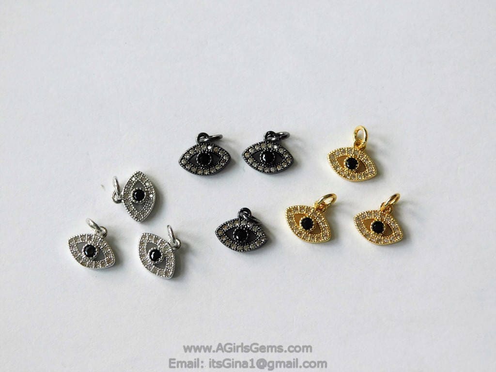 Tiny Evil Eye Charm, CZ Black Pave 9 x 11 mm Evil Eye Charms #97, Silver CZ Spinel Eye