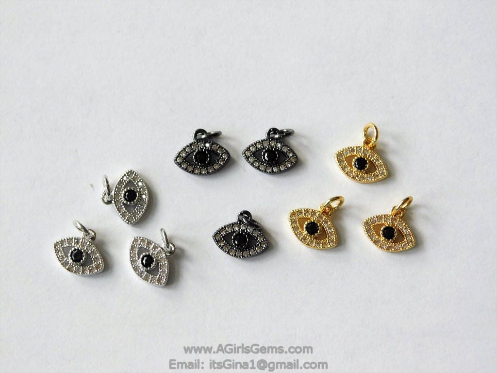 Tiny Evil Eye Charm, CZ Black Pave 9 x 11 mm Evil Eye Charms #97, Silver CZ Spinel Eye