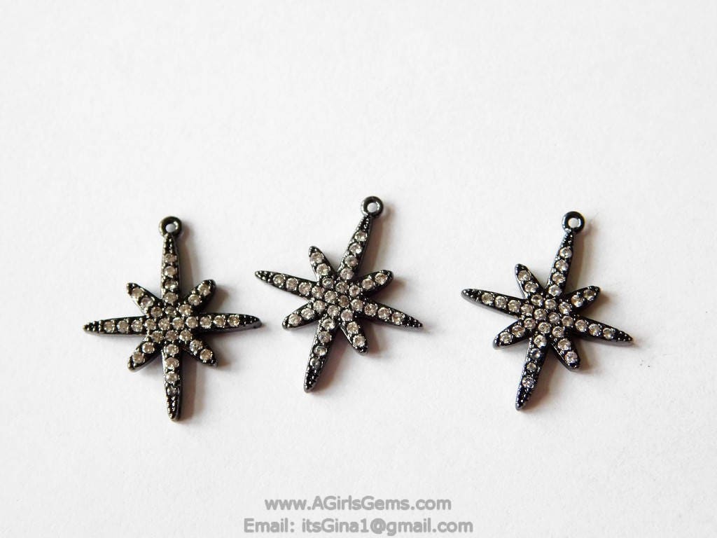 Black Star Charm, CZ Micro Pave Pendants, Dainty Small Starburst Black Rhodium Plated Cubic Zirconia Star Charms