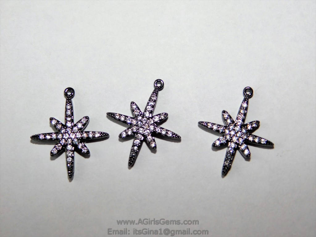 Black Star Charm, CZ Micro Pave Pendants, Dainty Small Starburst Black Rhodium Plated Cubic Zirconia Star Charms