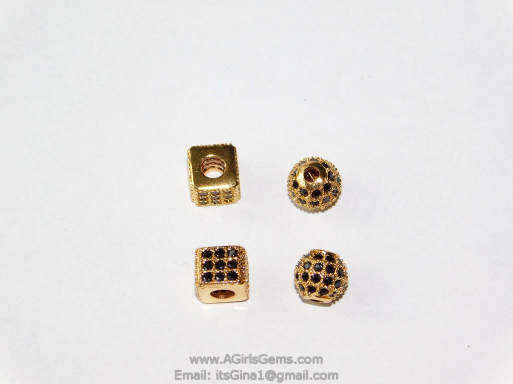 CZ Micro Pave Balls and Squares, Round Silver or Gold with Black CZ Pave Beads, 6 mm Focal Bead Spacer