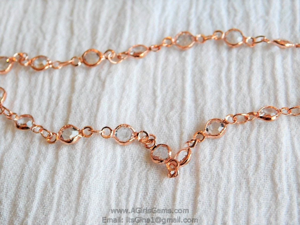 Rose Gold Clear Crystal Rosary Chain, Rose Gold plated Connector Bezel CH #517, 4 mm Chains
