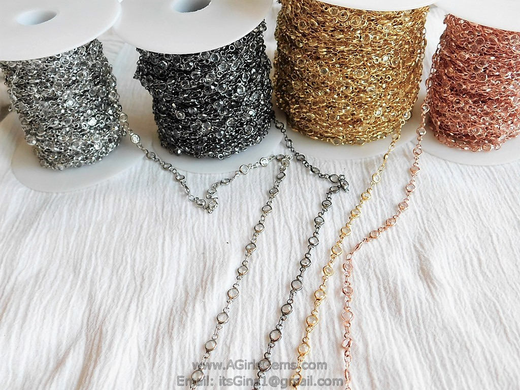 Rose Gold Clear Crystal Rosary Chain, Rose Gold plated Connector Bezel CH #517, 4 mm Chains